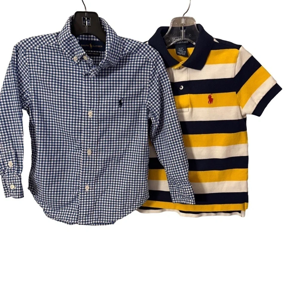 Ralph Lauren Boys 2 PCS Set Long Sleeve Check Shirt & Short Sleeve Polo Sz 3/3T